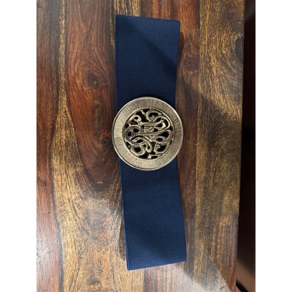 Vintage Gold Tone Monogram Navy Blue Elastic Belt Designer Style - Picture 2 of 5